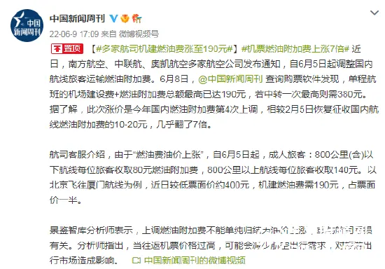 多家航司机建燃油费涨至190元 多家航司机建燃油费涨至190元