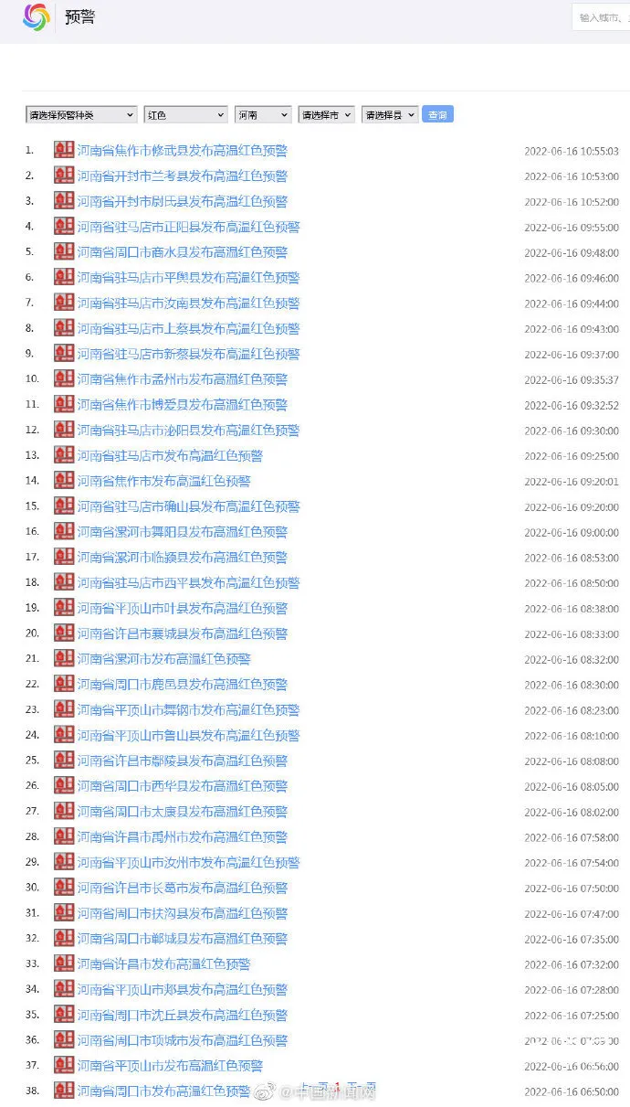40℃以上!河南近40市县发布高温红色预警 40℃以上!河南近40市县发布高温红色预警