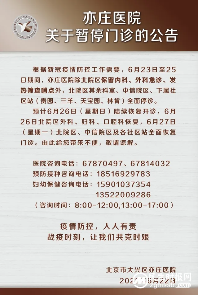注意！亦庄医院即日起暂停门诊