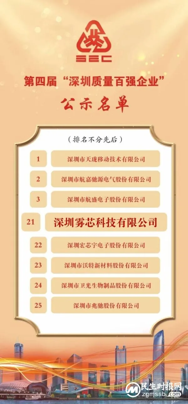 雾芯科技上榜“深圳质量百强企业”