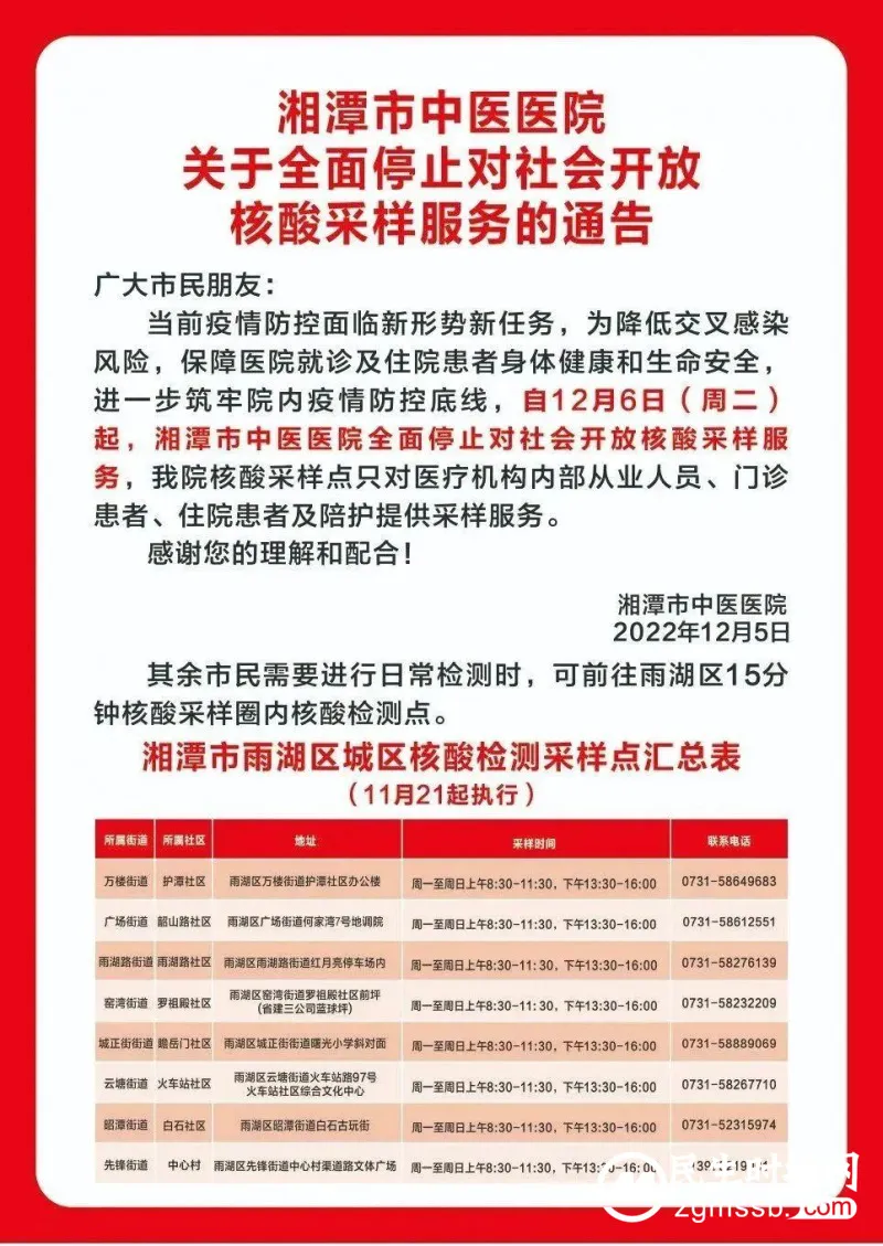 湘潭市中医医院全面停止对社会开放核酸采样服务