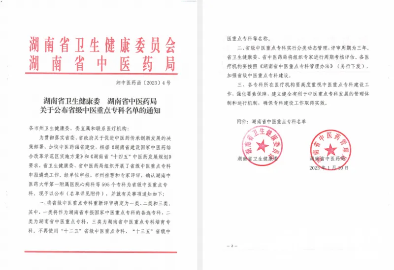 祝贺！湘潭市中心医院2个专科获批省级中医重点专科