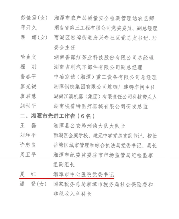 湘潭市中心医院党委书记夏红被授予湘潭市先进工作者荣誉称号 湘潭市中心医院党委书记夏红被授予湘潭市先进工作者荣誉称号