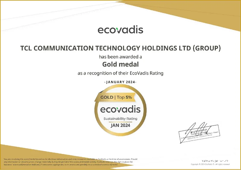 TCL通讯荣获EcoVadis全球可持续发展评级金牌勋章 TCL通讯荣获EcoVadis全球可持续发展评级金牌勋章
