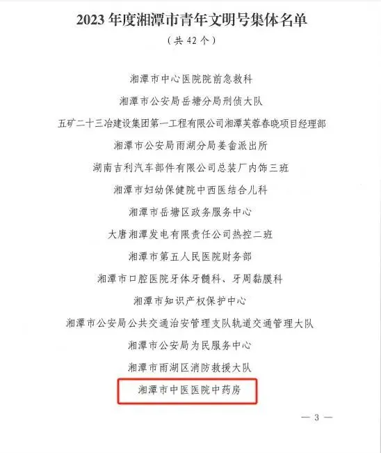 祝贺我院中药房荣获湘潭市青年文明号集体称号、成勇峰医师荣获湘潭市青年岗位能手称号！