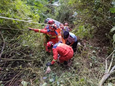 云南江城:越野车翻下50米山坡 消防紧急施救