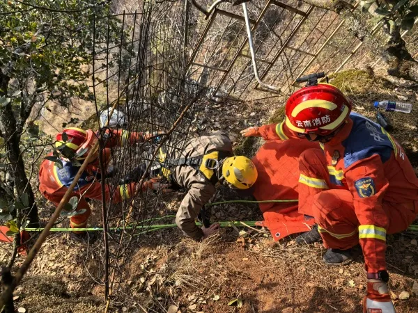 云南大理宾川:游客偏离景区路线被困悬崖 宾川消防架设绳索成功救援