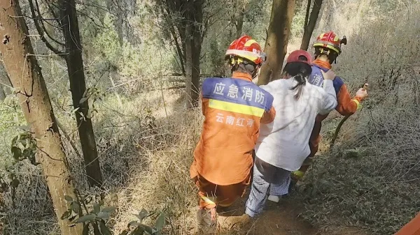 个旧：两名游客登山走小道被困 消防紧急救援成功脱困
